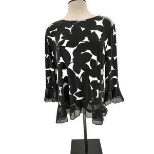 Alfani Woman's Black White Pullover Blouse Peplum Ruffle Size Medium Stretch